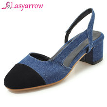 Lasyarrow Fashion Blue Denim Pumps Women Shoes Block Med Heels Ladies Square Toe Casual Gladiator Shoes Woman Plus Size 32-45 2024 - buy cheap