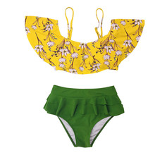 Conjunto de bikini brasileño con volantes de cintura alta para mujer, traje de baño Sexy acolchado con hombros descubiertos, push up, estampado floral, ropa de playa 2024 - compra barato
