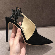 Elegant Ladies Rhinestone Five Point Stars Sandals Pentacle High Heel Fashion Black Suede Summer Slip on Party Dress High Heels 2024 - buy cheap