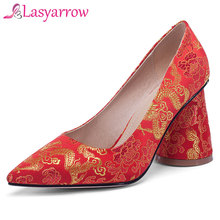 Lasyarrow Ethnic Style Embroidered Chinese Red Wedding Shoes Satin Pumps Ladies Pointed Toe Hoof High heels Women's Shoes J681 2024 - buy cheap