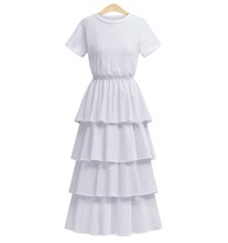 2019 verano princesa pastel Vestidos Casual de manga corta vestido de cuello redondo Vestidos de moda Color sólido vestido de media pantorrilla 2024 - compra barato