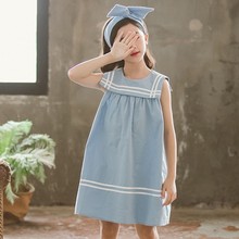Синие детские хлопковые платья в консервативном стиле для девочек-подростков; Летнее Платье До Колена без рукавов с матросским воротником; одежда для детей 2024 - купить недорого