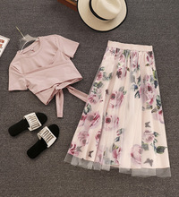 Two Piece Set Pink Women Solid Irregular Bowknot T Shirt And Mesh Floral Skirts Summer Clothes for Women Casual 2 Piece Outfits 2024 - buy cheap