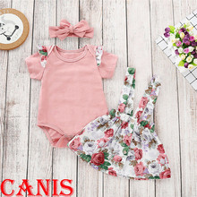 Baby Girl clothes Floral print strap Button Skirts solid bow Headband round neck Ruffle short sleeve Bodysuit 3pc Toddler Outfit 2024 - buy cheap