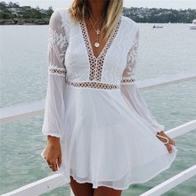 Mini vestido de verão, vestido de verão sensual, casual, com decote em v, manga comprida, de renda, enfeite branco, curto 2024 - compre barato