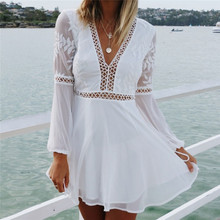 Summer Fashion New Casual Sexy V-Neck Long Sleeve Lace Dresses Women White Trim Short Mini Dress Vestido Sundress 2024 - buy cheap