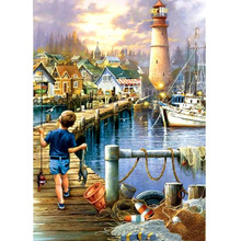 Full Square Drill 5D DIY Diamond Painting Fishing Boy Kid Tower Scenery" Embroidery Cross Stitch Lighthouse Home Decor Gifts 2024 - buy cheap