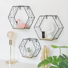 Decoração de parede hexagonal, prateleira de parede com figura geométrica, para sala de estar, quarto, arte em madeira e ferro 2024 - compre barato