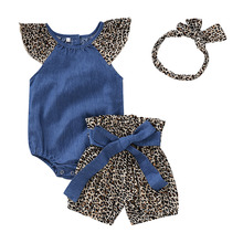 3pcs/set Toddler Kids Baby Girls Clothes Set Denim Sleevless Romper Tops+Leopard Bow Shorts +Headband Summer Baby Girl Outfits 2024 - buy cheap