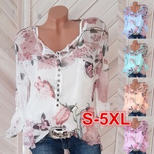 2019 Women Summer Long Sleeve Floral Printing Chiffon Shirts Blouses Button V Neck Loose Tops Shirts Casual Blusas Tops 2024 - buy cheap