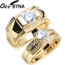 Octbyna anel de casamento de aço inoxidável para casais cor do ouro cristal cz anéis finos conjunto anéis de noivado jóias presente 2024 - compre barato
