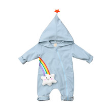 Милая Одежда для новорожденных мальчиков и девочек комбинезон с капюшоном и длинными рукавами на молнии с изображением радуги и звезд одежда для малышей от 0 до 18 месяцев 2024 - купить недорого