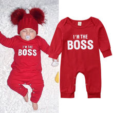 Лидер продаж, милый Рождественский комбинезон с длинным рукавом для новорожденных мальчиков и девочек, наряды, красный комбинезон с надписью I THE BOSS, одежда 2024 - купить недорого