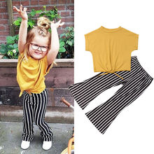 2-7Y Summer Cute Lovely Infant Kids Baby Girls Sets Yellow Short Sleeve T-Shirts Tops+Striped Pants 2024 - buy cheap