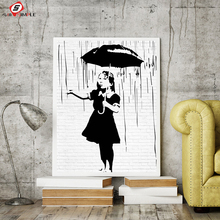 Simple la chica con paraguas bajo la lluvia Banksy estilo grafiti Imagen Arte de la calle cartel para habitaciones decoración para el hogar sin marco 2024 - compra barato