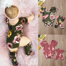 Trajes de algodón con estampado Floral para niñas pequeñas, mono de manga corta con flores, mameluco, Jersey, medias, 2 uds., ropa para niños pequeños de 0 a 18M 2024 - compra barato