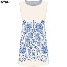 KYKU-Vestido corto de verano con estampado 3d para mujer, ropa Sexy con estampado Vintage, color azul y blanco, elegante 2024 - compra barato