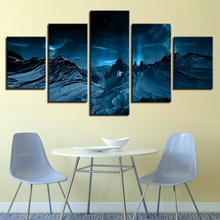 Pintura en lienzo para pared, cuadro decorativo para el hogar, 5 piezas, Aurora Borealis azul, montaña de nieve, imágenes de escena nocturna impresas en HD modernas 2024 - compra barato