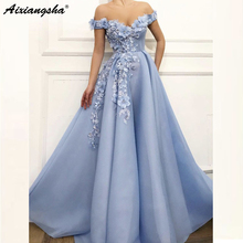 Charming Blue Evening Dresses A-Line Off The Shoulder Flowers Appliques Dubai Saudi Arabic Long Evening Gown Prom Dress 2024 - buy cheap
