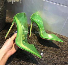 SHOOEGLE-zapatos de tacón alto de PVC para mujer, tacones transparentes puntiagudos, sin cordones, para fiesta 2024 - compra barato