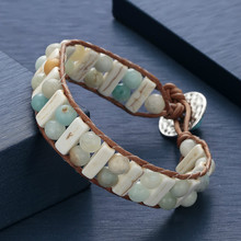 Pulseira íntima feminina couro amazonita, bracelete vintage com pedras preciosas semi-preciosa com contas 2024 - compre barato