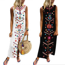 Women Causal Boho Vintage Sleeveless Slit Holiday Maxi Long Print Dress Plus Size S-5XL 2024 - buy cheap