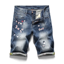 Bordado dos homens applique flor jeans curtos roupas de marca bermuda verão 98% algodão shorts respirável retro masculino denim shorts 2024 - compre barato