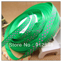 Free shipping 3/8" 10mm Grosgrain ribbon Polka Dots printed navy green ribbon with pink dots, DIY hairbow accessories,fsyd007 2024 - купить недорого