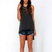 Gray T Shirts Women Summer Hollow Loose Casual Tops T-shirt Fashion Sleeveless Long Tops 2024 - buy cheap