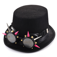 Chapéu do punk do vapor preto fedora victorian com rebites de prata rosa óculos de proteção 2024 - compre barato