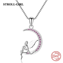 New Arrival 925 Sterling Silver Angel Back Against the Moon Pendant Necklace with Pink Cz Fashion Jewelry Making for Women Gift 2024 - buy cheap