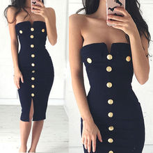Hot Women  Dress Ladies Bodycon Sleeveless Sexy Party Dress Button Solid Strapless Knee-Length Pencil Dress 2024 - buy cheap