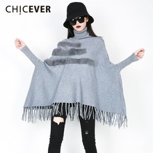 CHICEVER Autumn Winter Knitted Sweater Tops Female Turtleneck Batwing Sleeve Loose Hem Tassel Oversize Sweater Casual Clothes 2024 - buy cheap