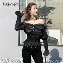 TWOTWINSTYLE Off Shoulder Crop Top Female Slash Neck Puff Long Sleeve Tunic Black Shirts Blouse Women 2020 Spring Korean Fashion 2024 - buy cheap