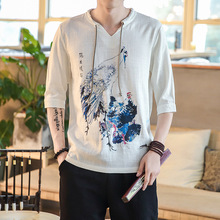 Camiseta informal de algodón y lino para hombre, camisa de media manga con estampado de estilo chino, de talla grande 5XL estilo Hip Hop, color blanco y negro, primavera y verano, #4725 2024 - compra barato
