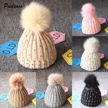 Lantejoulas crianças bebê menino menina chapéu 2018 novo inverno quente crochê malha bobble beanie bling boné 48-56cm 2024 - compre barato