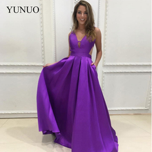 YuNuo Simple A-Line Satin Long Prom Party Gowns with Pocket V-Neckline Sleeveless Open Back Evening Dresses 2019 2024 - buy cheap