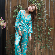 Conjunto de pijama de seda de imitación para el hogar, ropa de dormir de manga larga con cuello vuelto, suelta, sin Bondage, primavera y otoño 2024 - compra barato