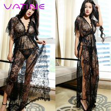 VATINE Sexy lingerie Side Slit Erotic Lingerie Black Lace Robe+T-Thongs Sexy Pajamas Suit Long Dress Sleepwear Deep V-Neck 2024 - buy cheap