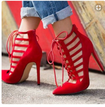 Zapatos de boda de ante rojo sexys para novia, sandalias con cordones de Punta puntiaguda, tiras cortadas, zapatos de tacón alto calados para mujer, talla personalizada 10 2024 - compra barato