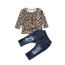 Focusnorm-Conjunto de leopardo para niñas, camiseta de manga larga y pantalones rasgados, ropa vaquera 2024 - compra barato