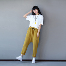 Big Pocket Loose Personality Casual Pants Female Large Size Elastic Waist Drawstring Harem Cotton Solid Color All Matched Pants 2024 - buy cheap