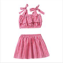 Conjunto de ropa para niñas pequeñas, chaleco con tirantes a cuadros rojos y blancos, conjuntos de falda, traje para bebé recién nacido, trajes para niños pequeños 2024 - compra barato