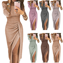 Autumn Women Sexy Slash Neck Front High Split Dress Glitter Sequin Party Dresses Sparkly Bodycon Dress Clubwear 2024 - buy cheap