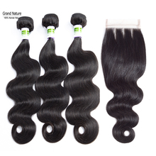 Grand natural pacote ondulado com fecho, 3 pacotes com fechamento de cabelo indiano 100% com fecho remy 2024 - compre barato