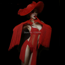 Christmas Female Nightclub Costume Red Tassels Bikini Big Hat Party Sexy Stage Outfit Bar DJ Singer Performance Bra Shorts 2024 - buy cheap