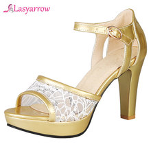 Lasyarrow 2019 Summer Bride Wedding Party Shoes Gold High Heels Peep Toe Sandals Women Lace Bling Platform Lady Sandal J767 2024 - buy cheap