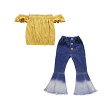 Комплект из 2 предметов, топы с открытыми плечами для маленьких девочек, джинсовые длинные штаны, комплект джинсовой одежды 2024 - купить недорого