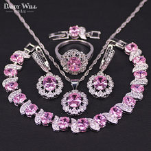 Best Present Pink Crystal & Cubic Zircon Silver Color  Costume Jewelry Sets Pendants/Earrings/Rings/Bracelets Set 2024 - buy cheap