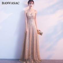 BANVASAC Sexy Deep V Neck Gold Bronzing A Line Long Evening Dresses Party Spaghetti Strap Sash Backless Prom Gowns 2024 - buy cheap